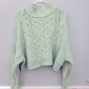 NWT Free People Merry Go Round Misty Fog Crop Cable Knit Sweater, medium